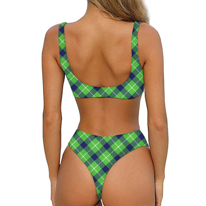 Green Blue And White Plaid Pattern Print Front Bow Tie Bikini