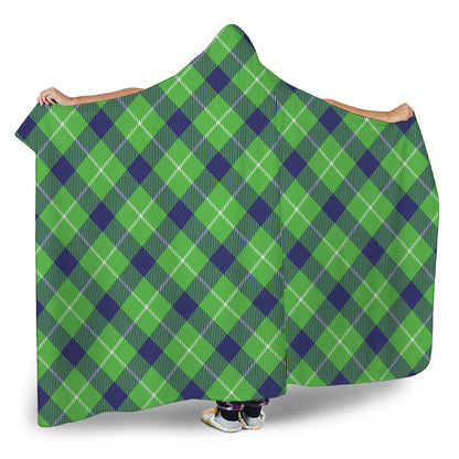 Green Blue And White Plaid Pattern Print Hooded Blanket