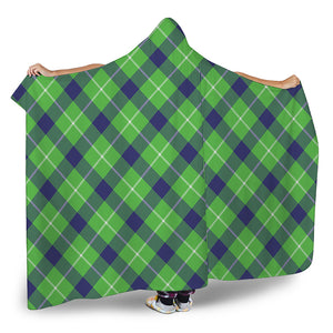 Green Blue And White Plaid Pattern Print Hooded Blanket