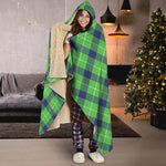 Green Blue And White Plaid Pattern Print Hooded Blanket