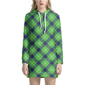 Green Blue And White Plaid Pattern Print Pullover Hoodie Dress