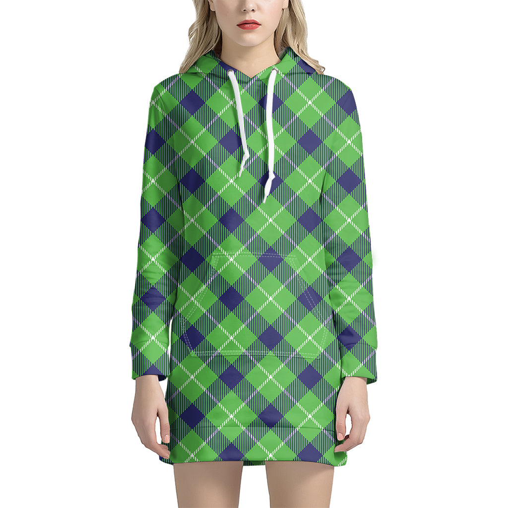 Green Blue And White Plaid Pattern Print Hoodie Dress