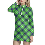 Green Blue And White Plaid Pattern Print Hoodie Dress