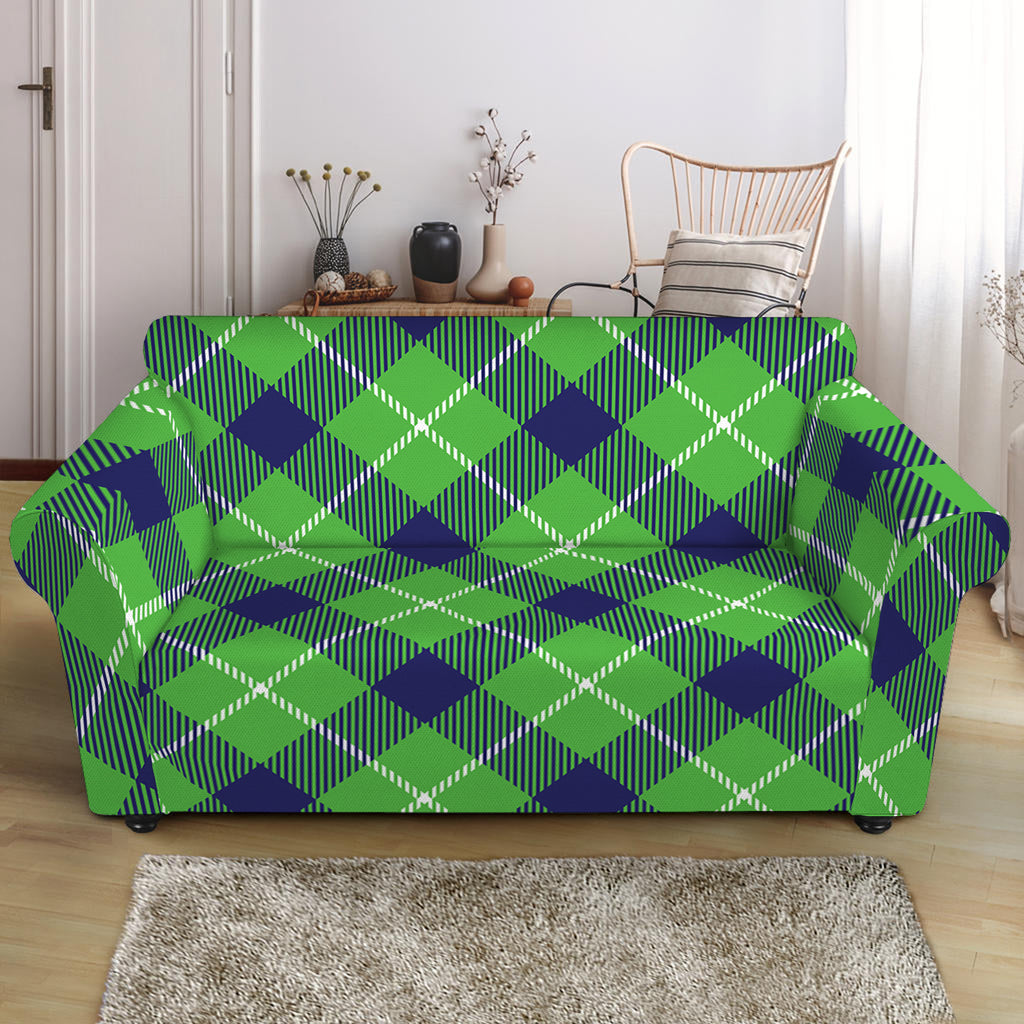 Green Blue And White Plaid Pattern Print Loveseat Slipcover