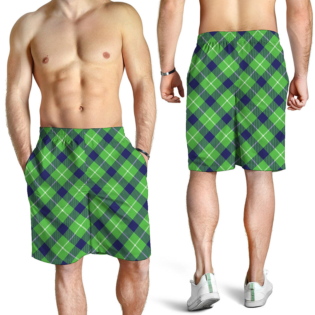 Green Blue And White Plaid Pattern Print Men's Shorts