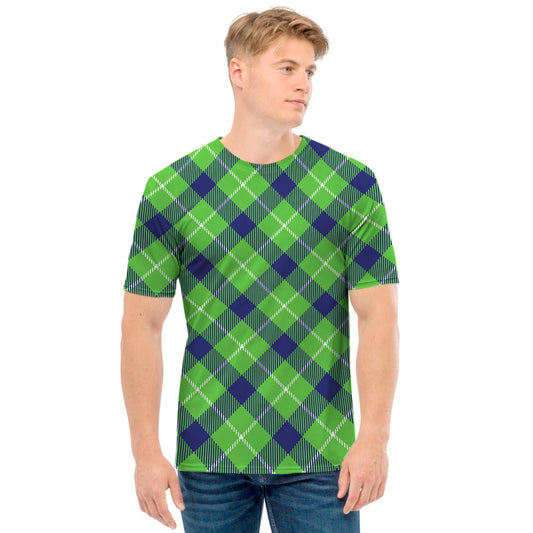 Green Blue And White Plaid Pattern Print Men's T-Shirt