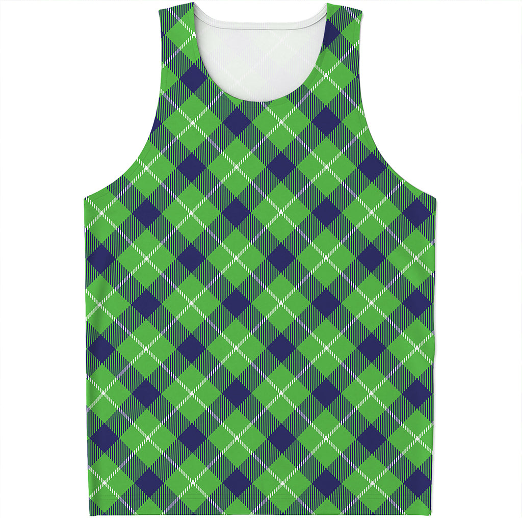 Green Blue And White Plaid Pattern Print Men's Tank Top