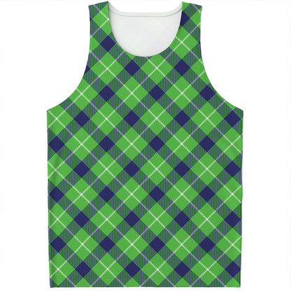 Green Blue And White Plaid Pattern Print Men's Tank Top