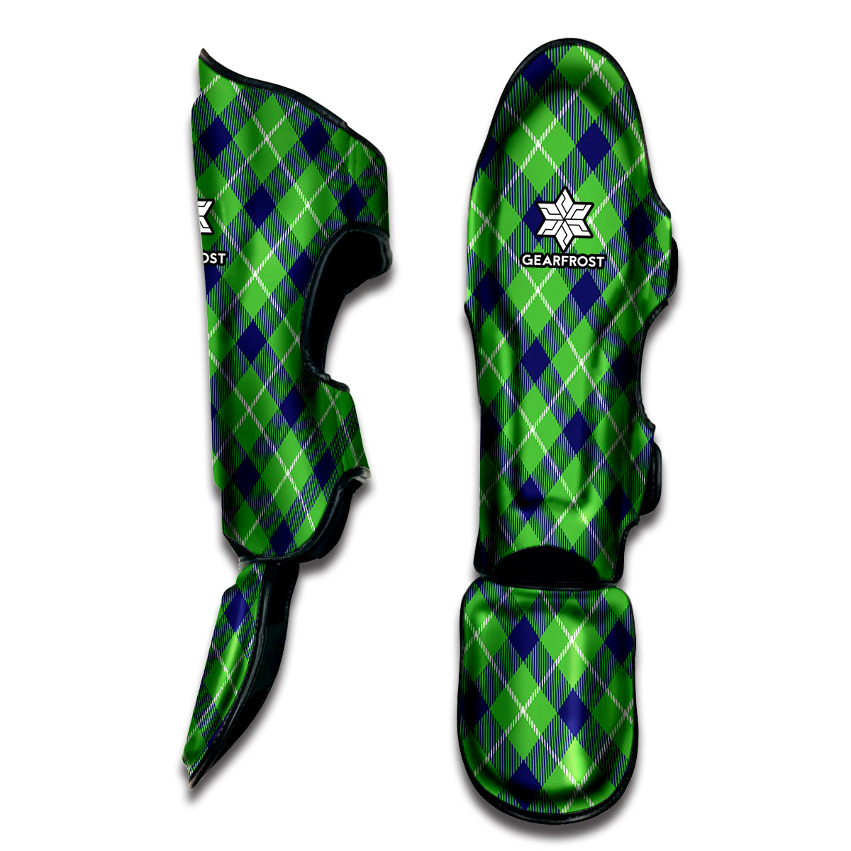Green Blue And White Plaid Pattern Print Muay Thai Shin Guard