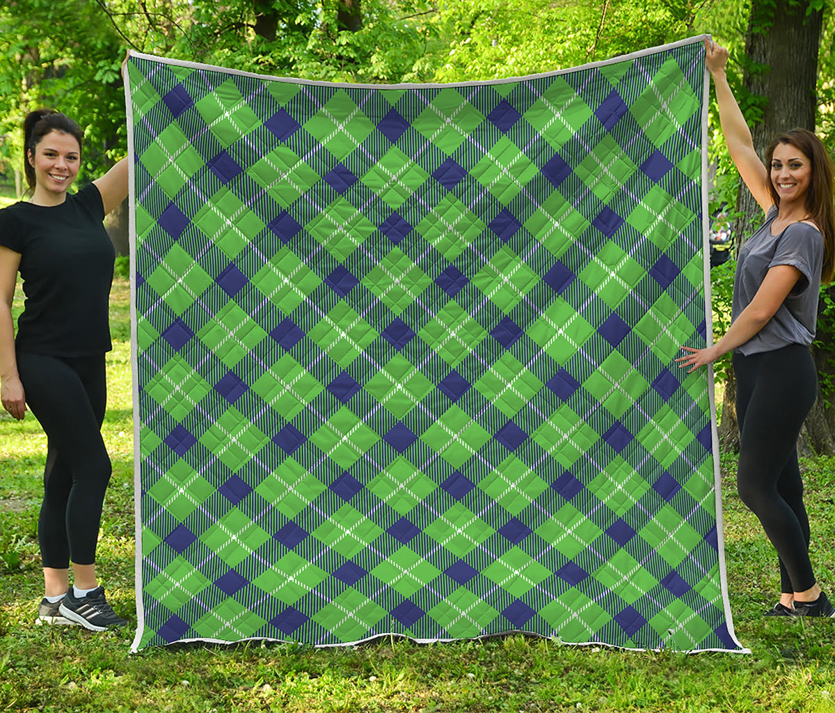 Green Blue And White Plaid Pattern Print Quilt