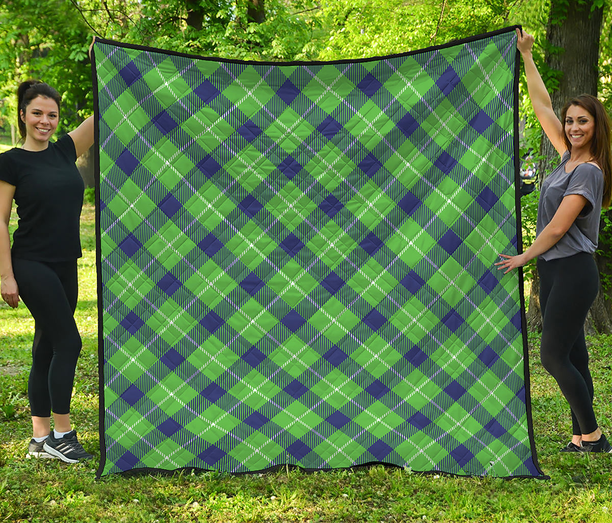 Green Blue And White Plaid Pattern Print Quilt