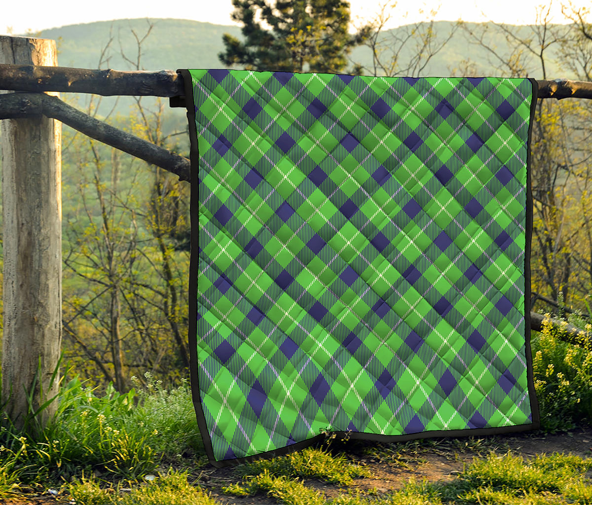 Green Blue And White Plaid Pattern Print Quilt