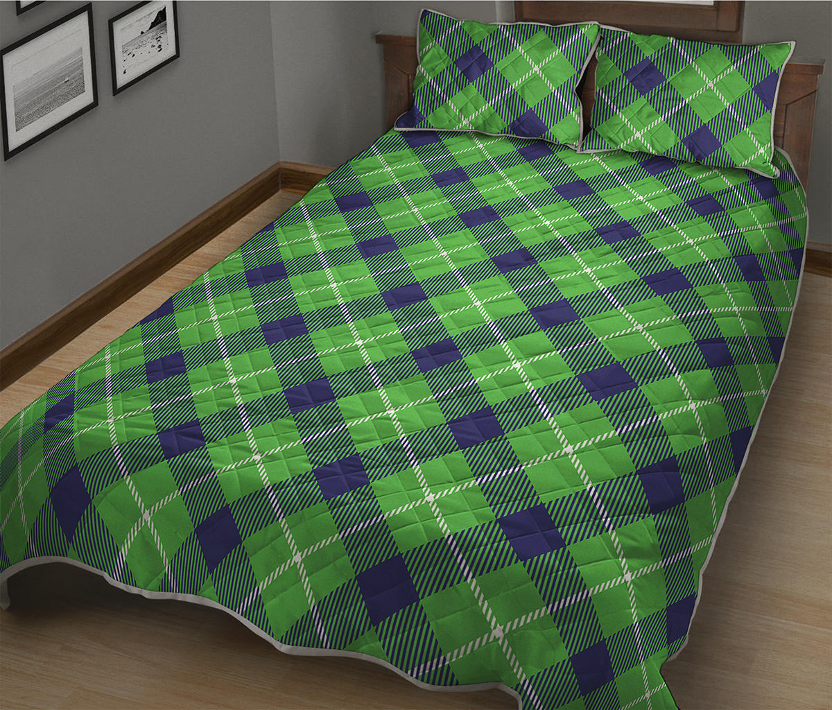 Green Blue And White Plaid Pattern Print Quilt Bed Set