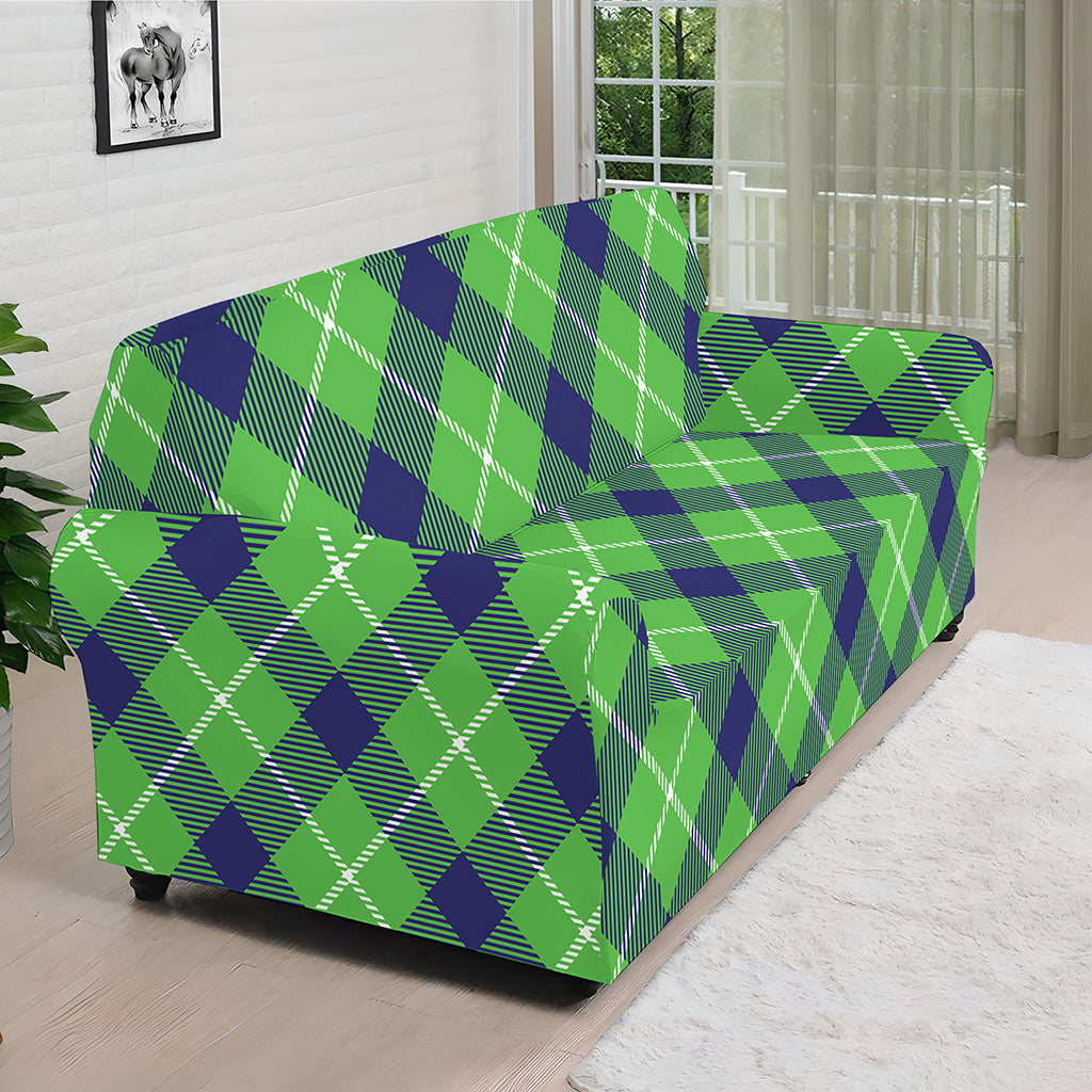 Green Blue And White Plaid Pattern Print Sofa Cover