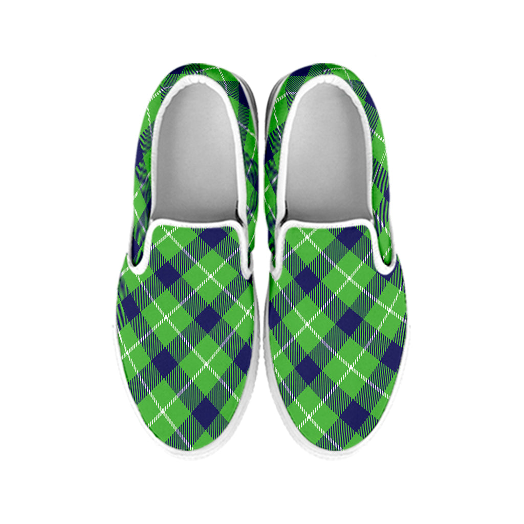 Green Blue And White Plaid Pattern Print White Slip On Shoes