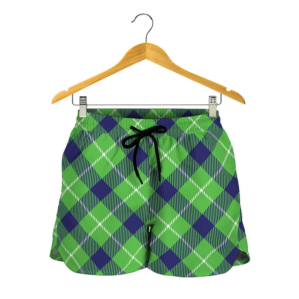Green Blue And White Plaid Pattern Print Women's Shorts