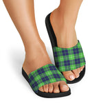 Green Blue And White Tartan Print Black Slide Sandals