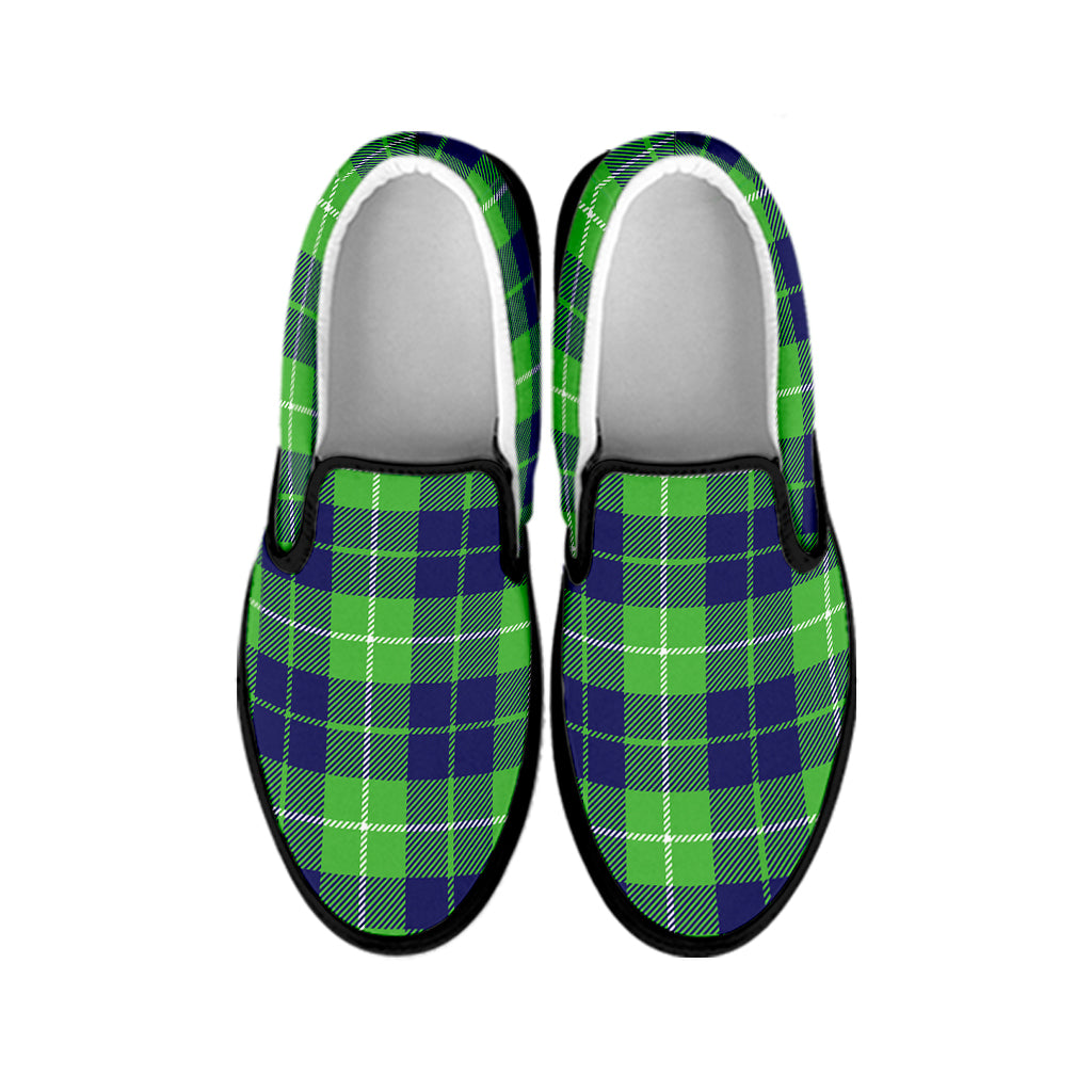 Green Blue And White Tartan Print Black Slip On Shoes