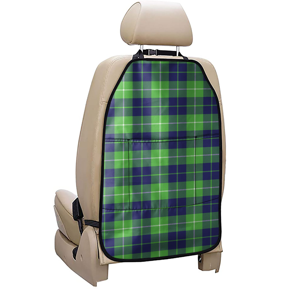 Green Blue And White Tartan Print Car Seat Organizers