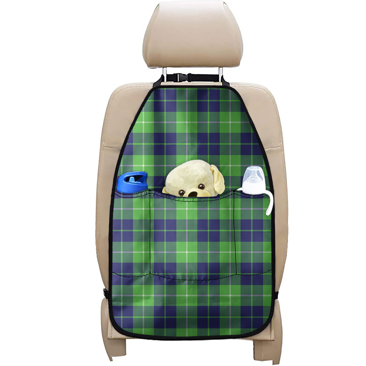 Green Blue And White Tartan Print Car Seat Organizers