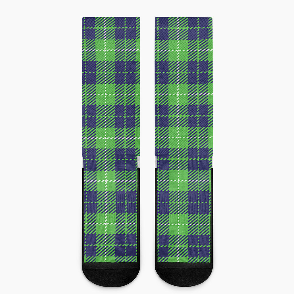 Green Blue And White Tartan Print Crew Socks