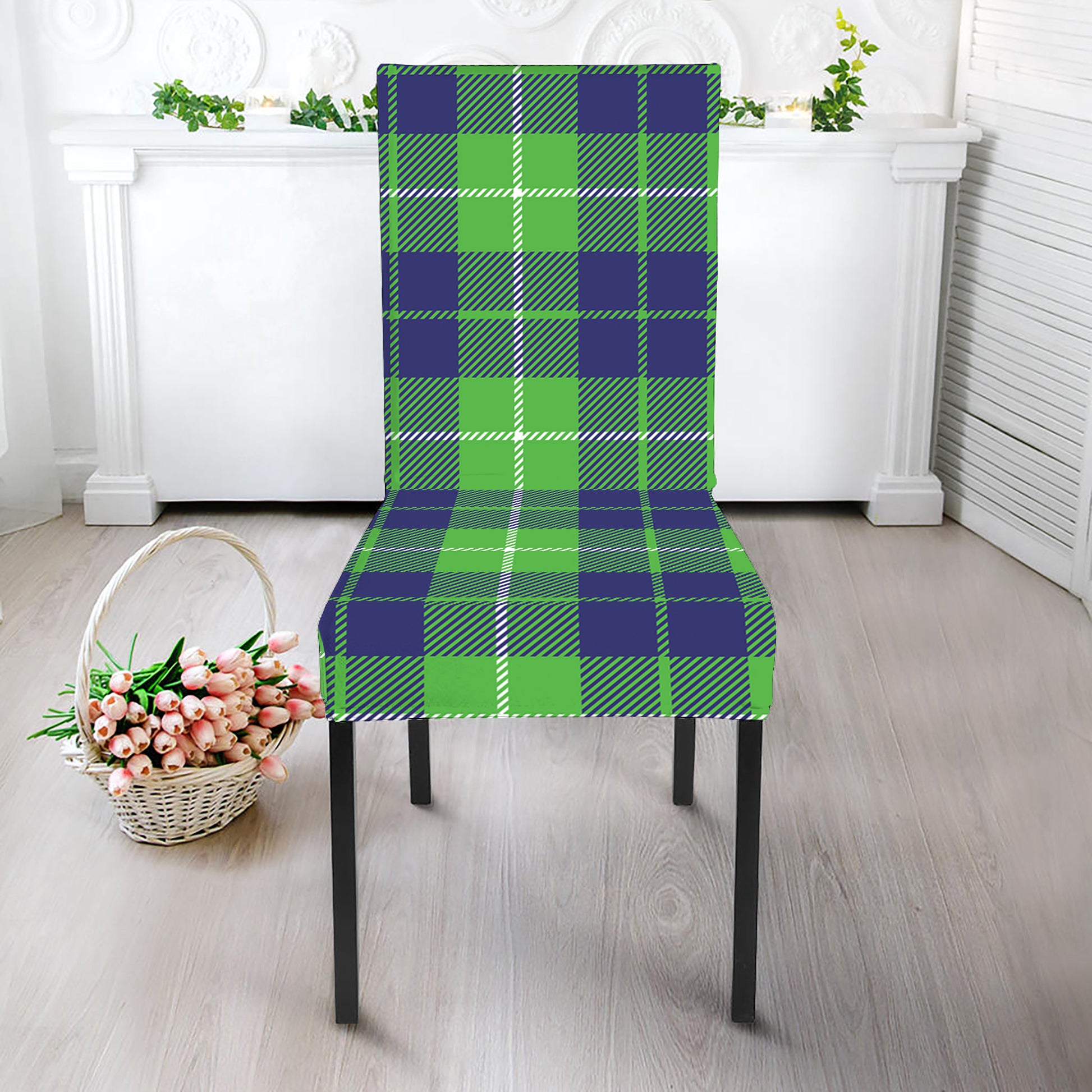 Green Blue And White Tartan Print Dining Chair Slipcover