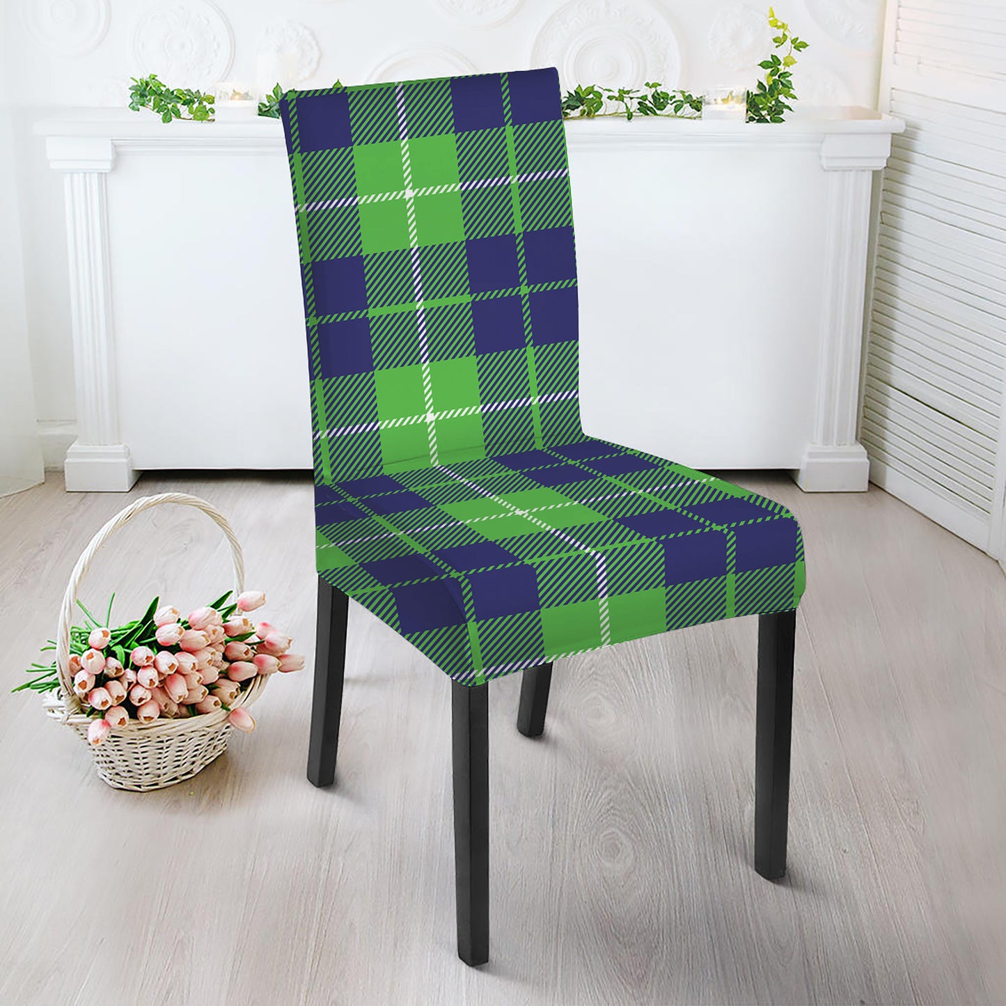 Green Blue And White Tartan Print Dining Chair Slipcover