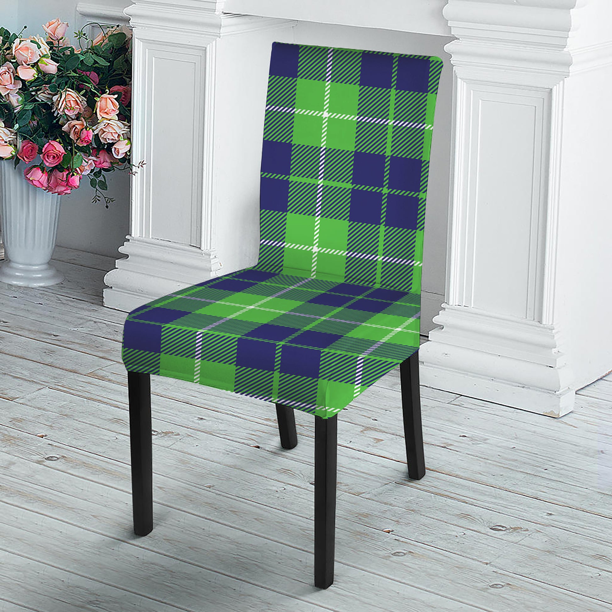 Green Blue And White Tartan Print Dining Chair Slipcover