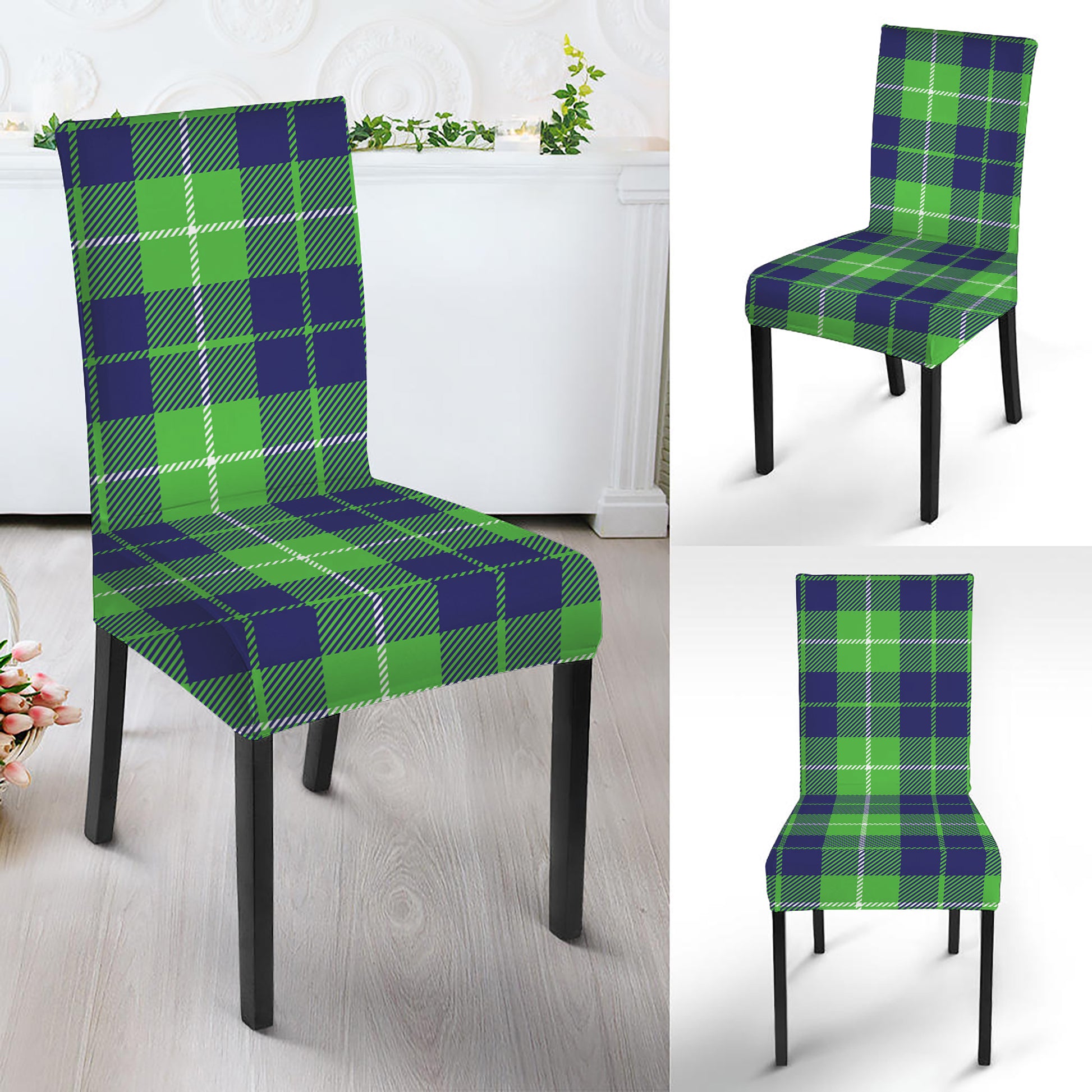 Green Blue And White Tartan Print Dining Chair Slipcover