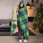 Green Blue And White Tartan Print Hooded Blanket
