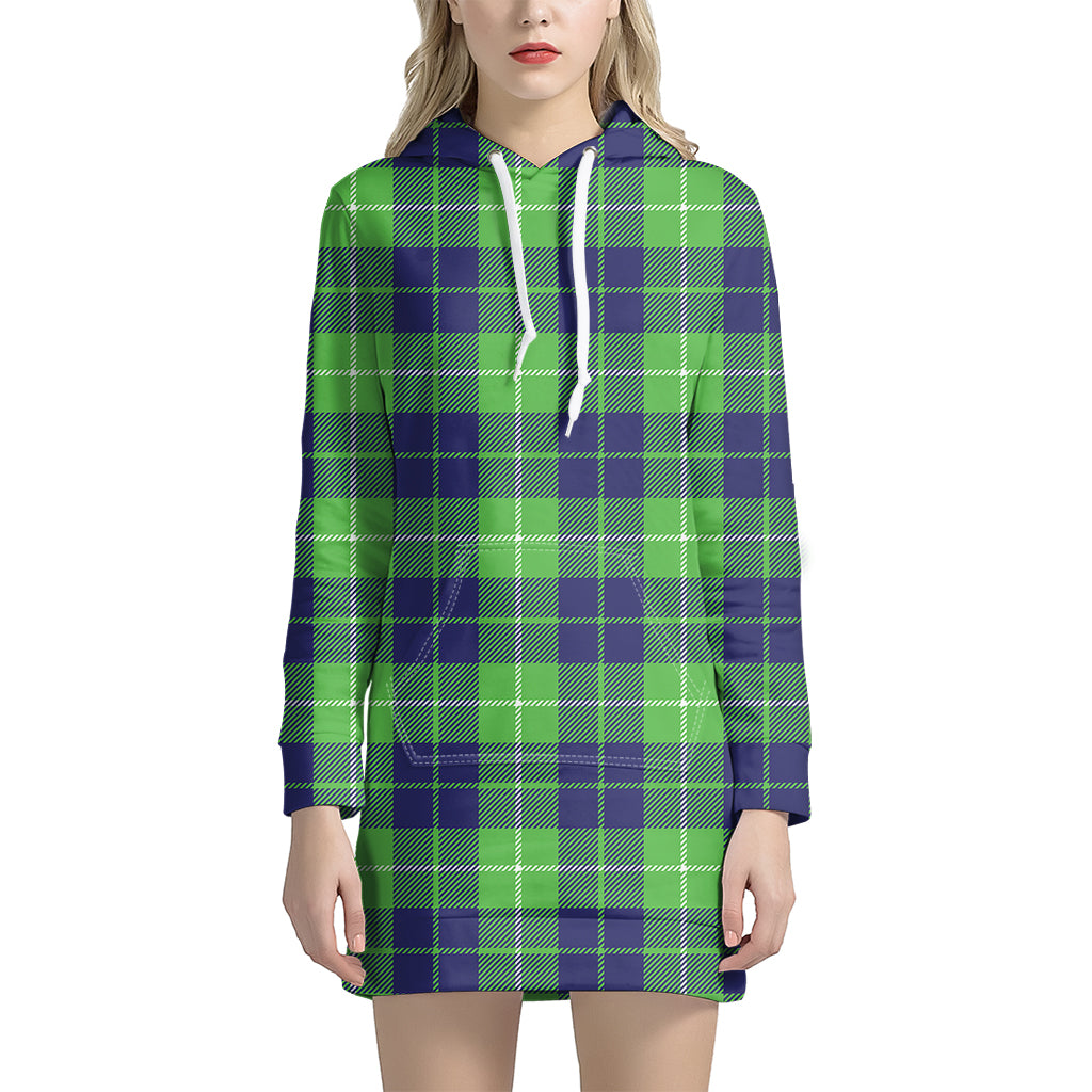 Green Blue And White Tartan Print Hoodie Dress
