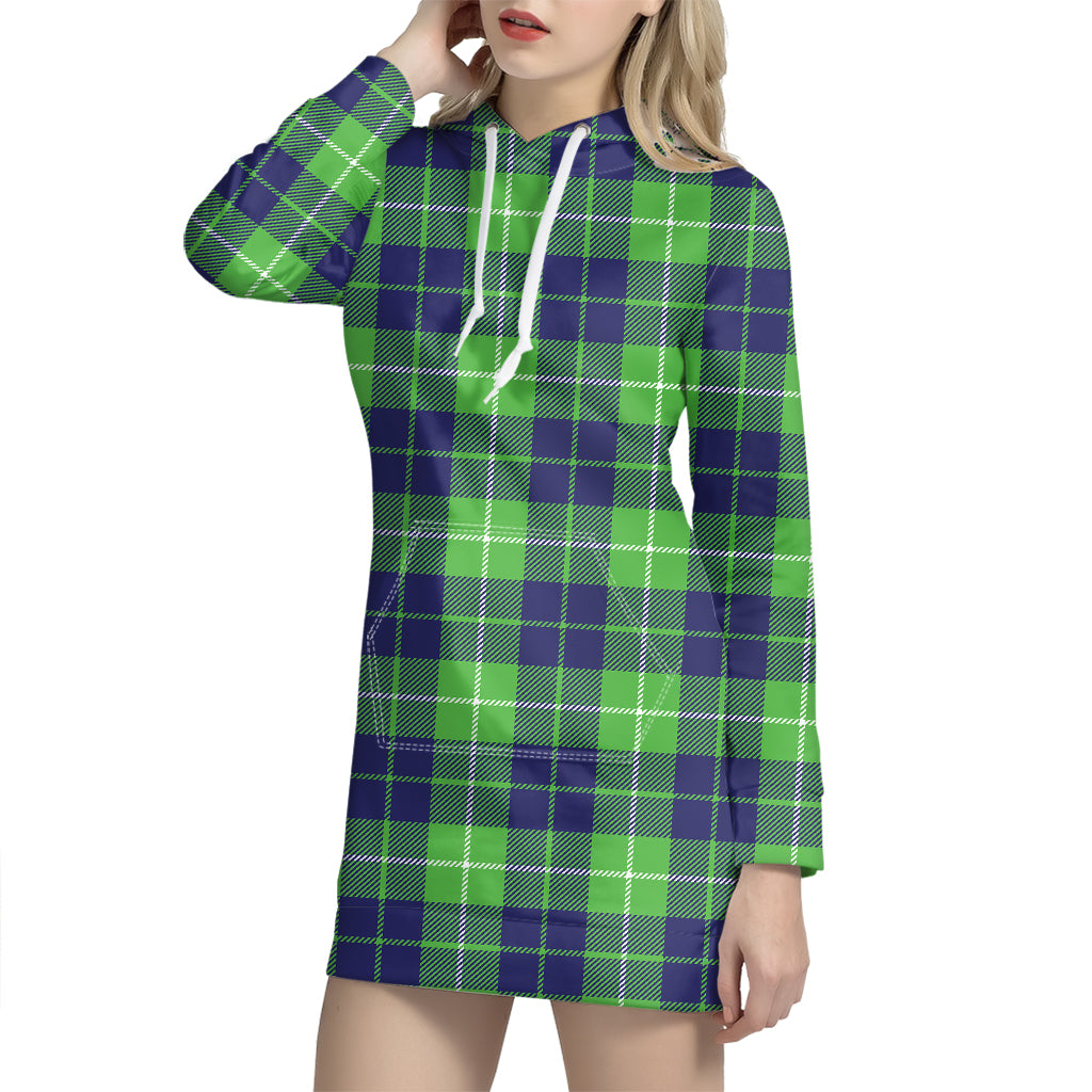 Green Blue And White Tartan Print Hoodie Dress