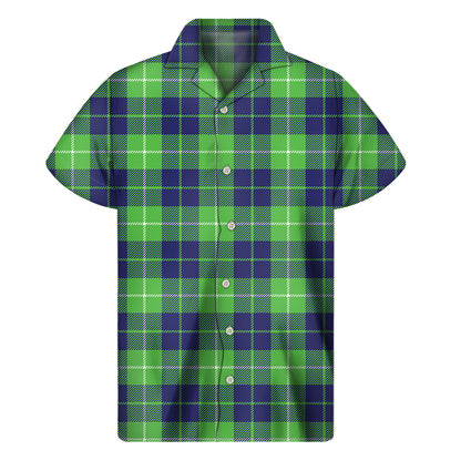 Green Blue And White Tartan Print Men's Short Sleeve Shirt