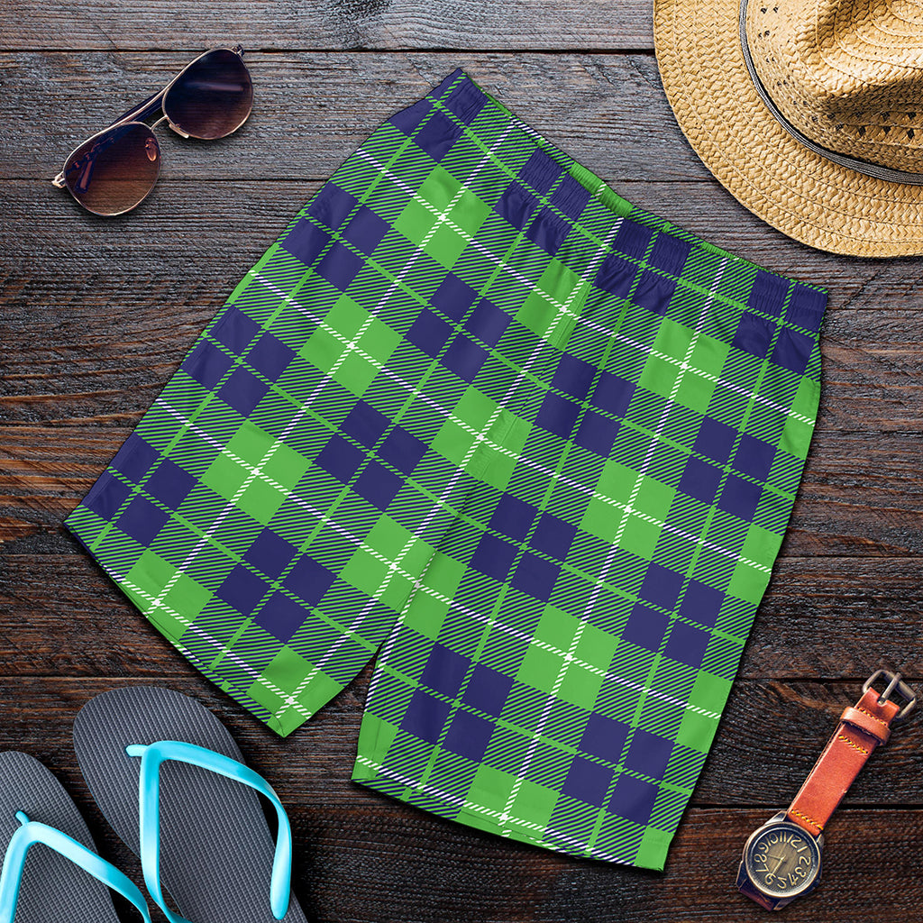 Green Blue And White Tartan Print Men's Shorts