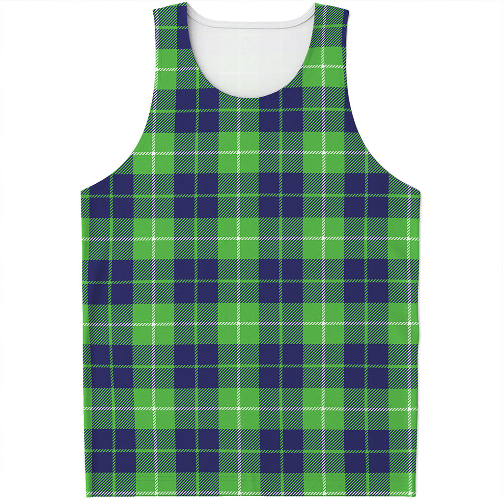 Green Blue And White Tartan Print Men's Tank Top