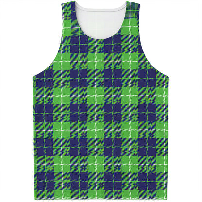 Green Blue And White Tartan Print Men's Tank Top