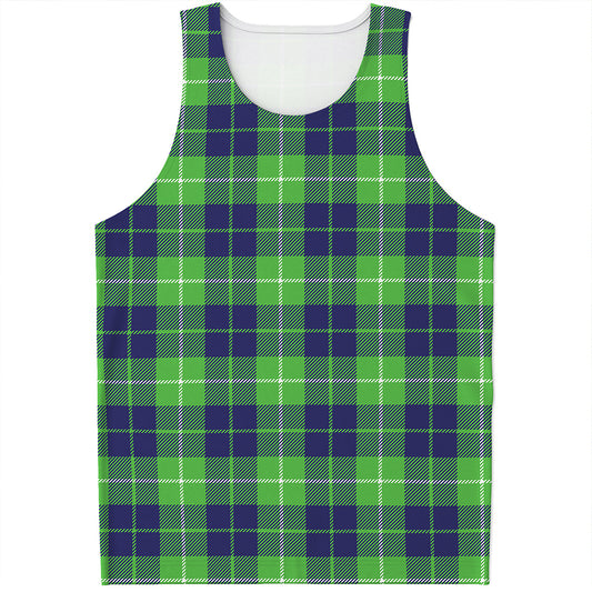 Green Blue And White Tartan Print Men's Tank Top
