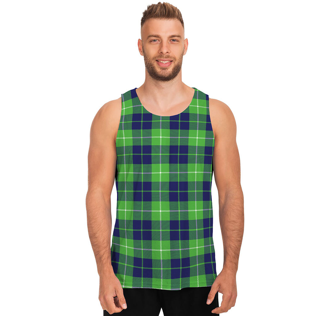 Green Blue And White Tartan Print Men's Tank Top