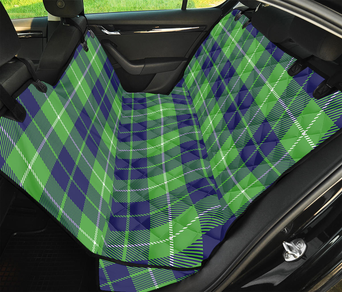 Green Blue And White Tartan Print Pet Car Back Seat Cover