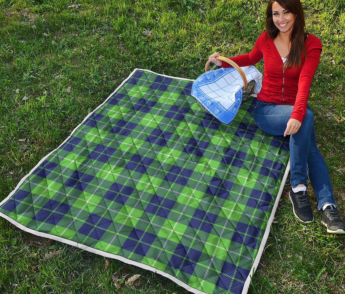 Green Blue And White Tartan Print Quilt