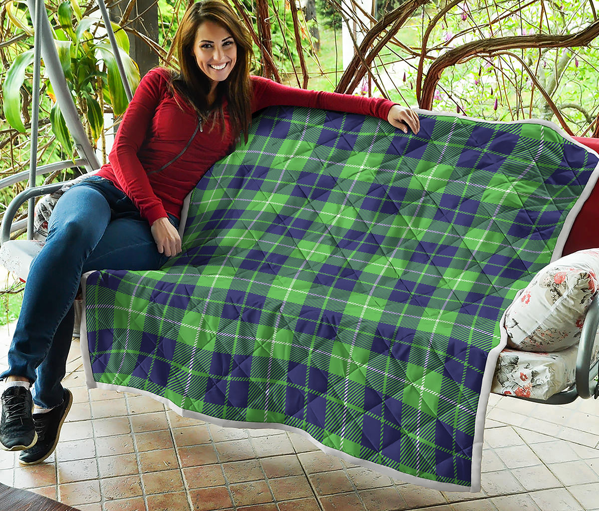 Green Blue And White Tartan Print Quilt
