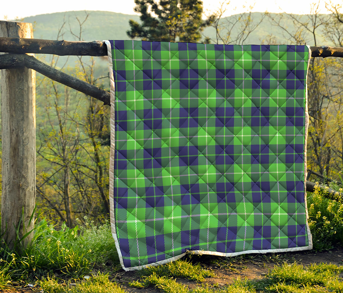 Green Blue And White Tartan Print Quilt