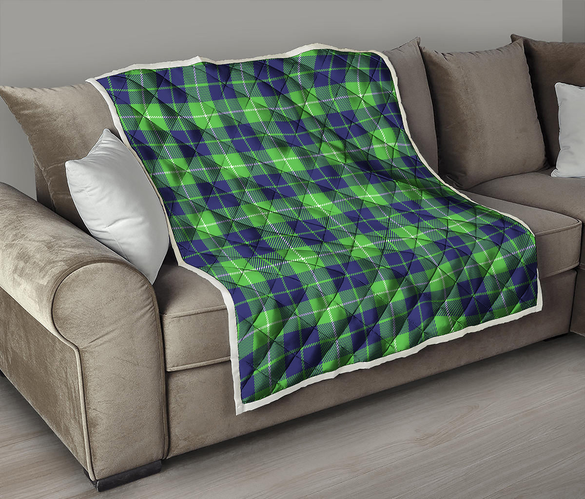 Green Blue And White Tartan Print Quilt