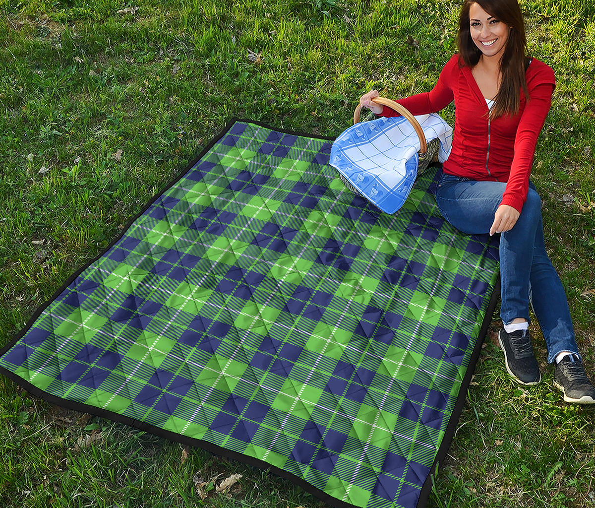 Green Blue And White Tartan Print Quilt