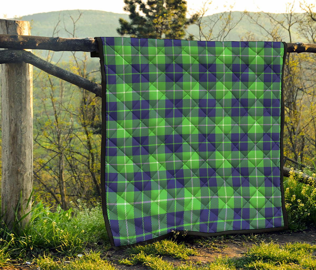 Green Blue And White Tartan Print Quilt