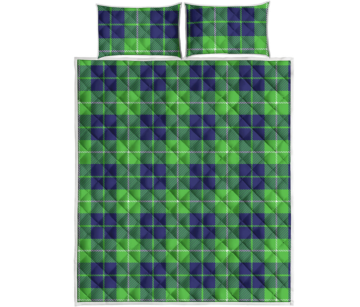 Green Blue And White Tartan Print Quilt Bed Set