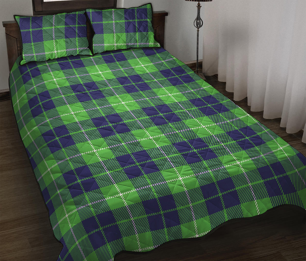 Green Blue And White Tartan Print Quilt Bed Set