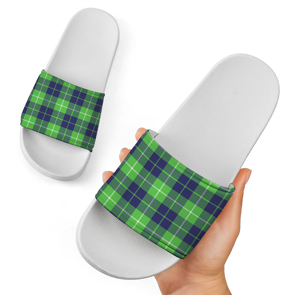Green Blue And White Tartan Print White Slide Sandals
