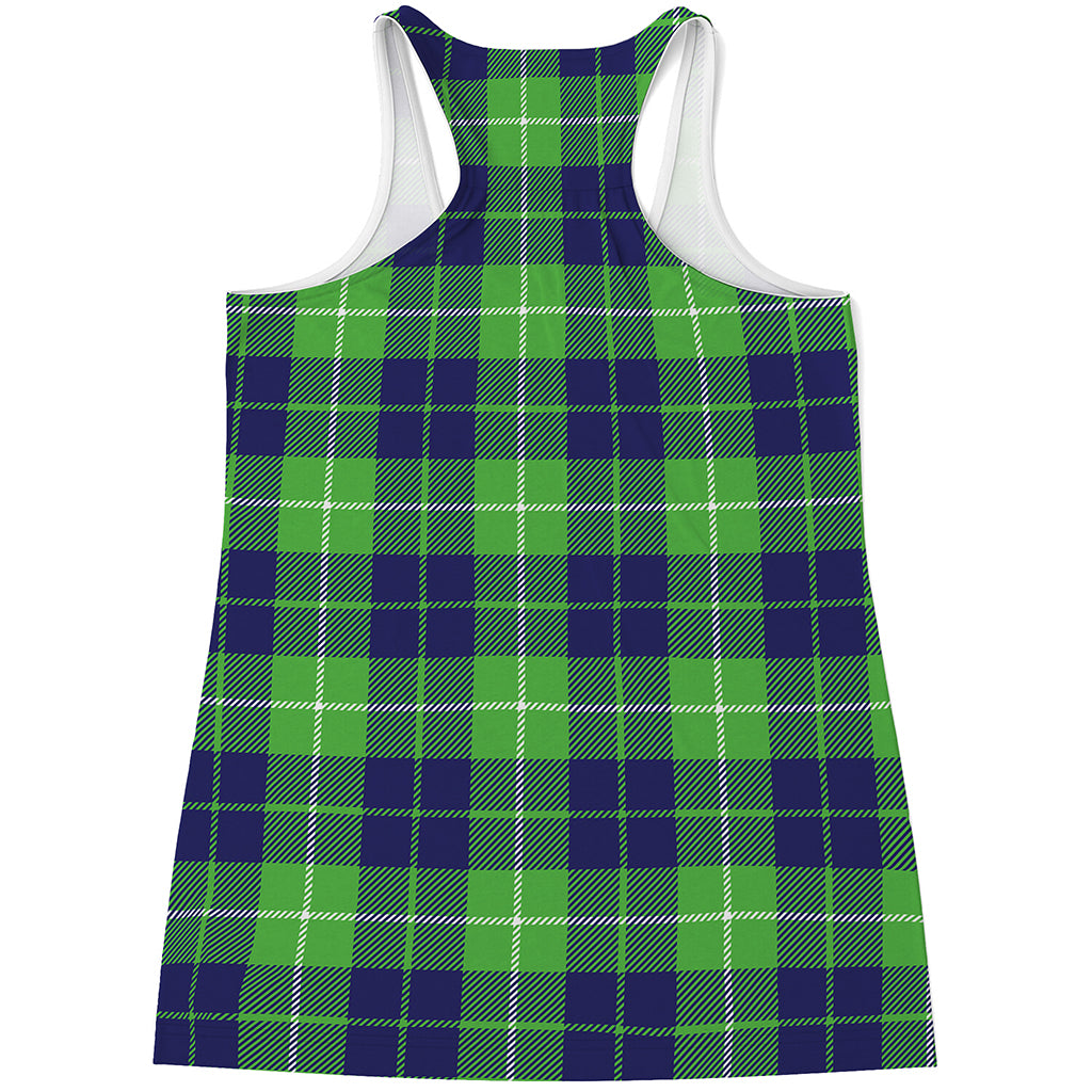 Green Blue And White Tartan Print Women's Racerback Tank Top