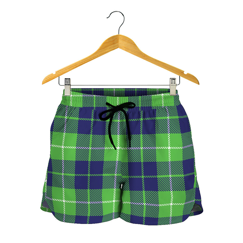 Green Blue And White Tartan Print Women's Shorts